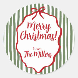 Pegatina Redonda Red Bow Christmas, Green Stripe Custom