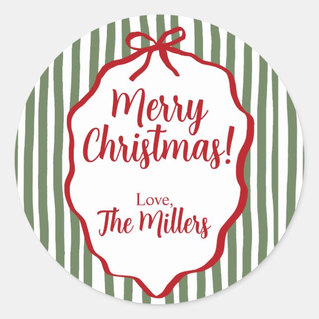 Pegatina Redonda Red Bow Christmas, Green Stripe Custom (Anverso)