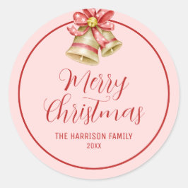 Pegatina Redonda Red Bow Golden Jingle Bell Pink