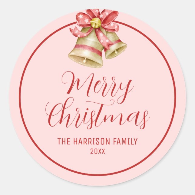 Pegatina Redonda Red Bow Golden Jingle Bell Pink (Anverso)