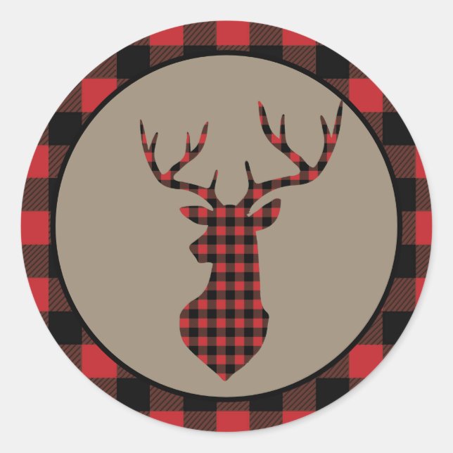 Pegatina Redonda Red Buffalo Plaid Border Deer (Anverso)