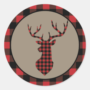 Pegatina Redonda Red Buffalo Plaid Border Deer