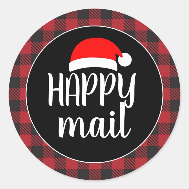 Pegatina Redonda Red Buffalo Plaid Navidades Happy Mail (Anverso)