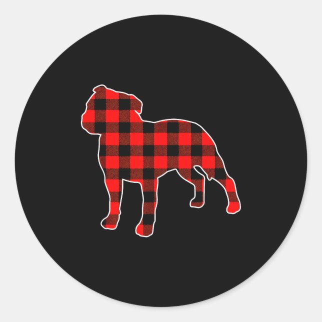 Pegatina Redonda Red Buffalo Plaid Pajama Staffy Christmas Dog Love (Anverso)