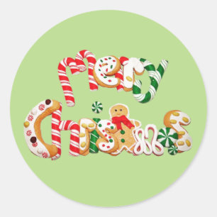 Pegatina Redonda Red Candy Cane Gingerbread Cookie Feliz Navidad