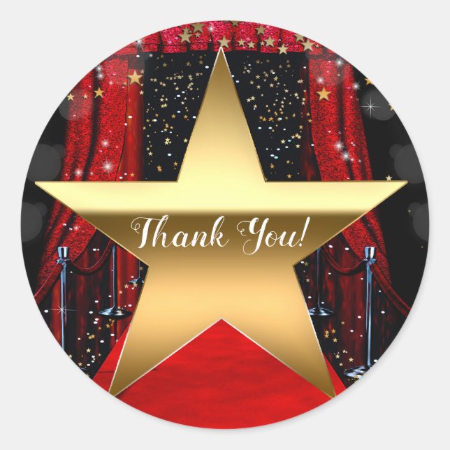 Pegatina Redonda Red Carpet Hollywood Gold Stars Birday Party (Anverso)