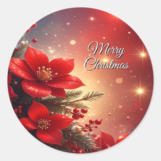 Pegatina Redonda Red Christmas Floral Holiday Sticker (Anverso)