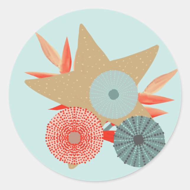 Pegatina Redonda Red de coral y Starfish y Urchins de menta (Anverso)