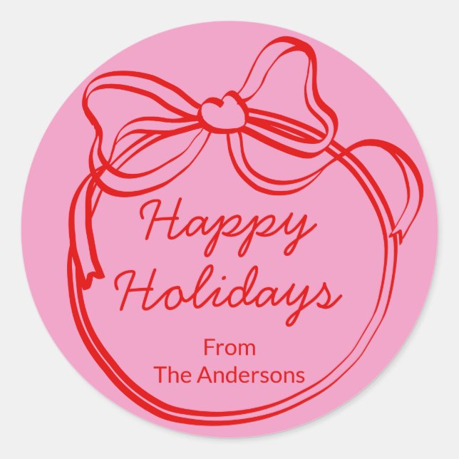 Pegatina Redonda Red Doodle Bow Frame Custom Holiday (Anverso)