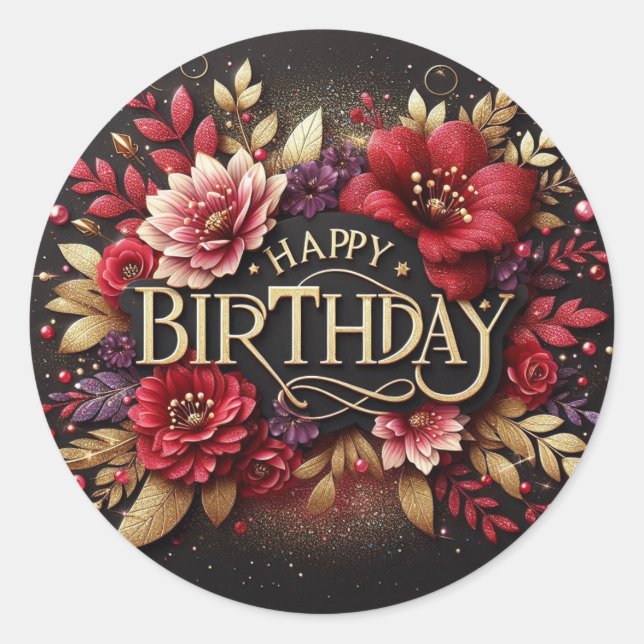 Pegatina Redonda Red floral birthday sticker  (Anverso)