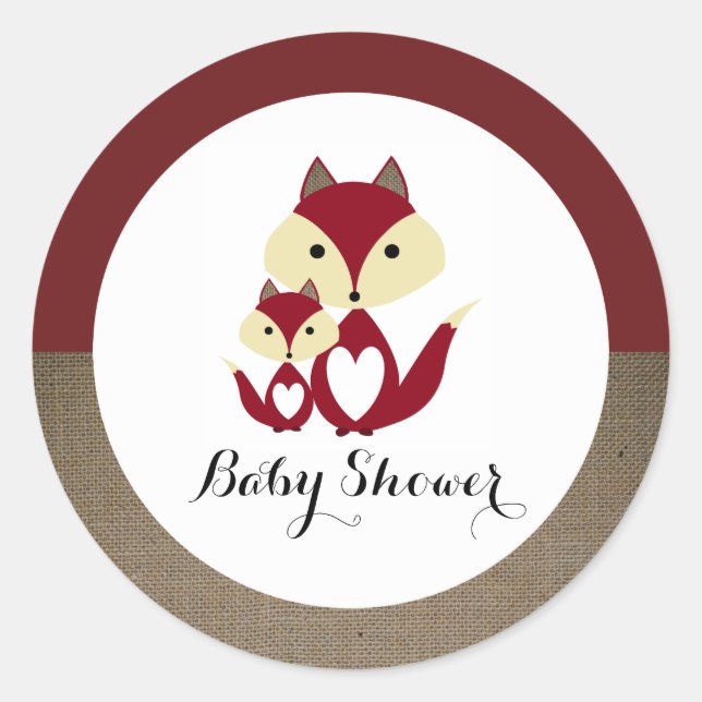 Pegatina Redonda Red Fox Burlap Baby Shower (Anverso)