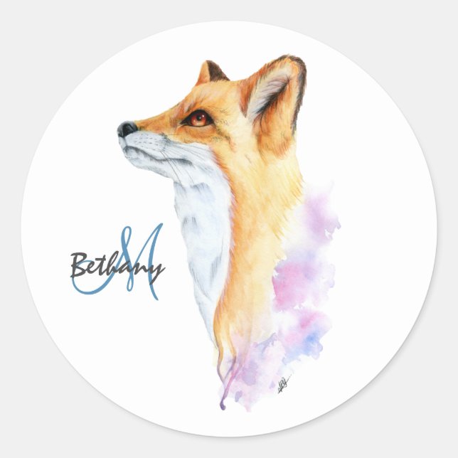 Pegatina Redonda Red Fox Watercolor Personalizado (Anverso)