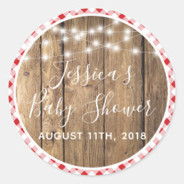 Pegatina Redonda Red Gingham Check Plaid Rustic Wood Event Shower