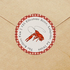 Pegatina Redonda Red Gingham Crawfish Hervir La Dirección De Retorn