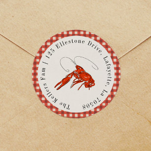 Pegatina Redonda Red Gingham Crawfish Hervir La Dirección De Retorn