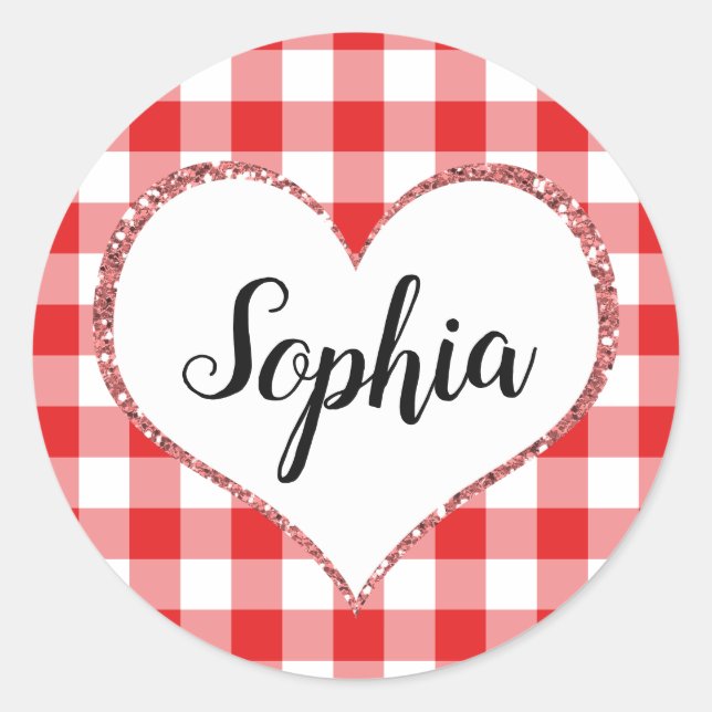 Pegatina Redonda Red Gingham Heart Custom Name Monogram Valentine (Anverso)