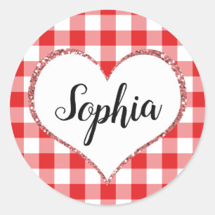 Pegatina Redonda Red Gingham Heart Custom Name Monogram Valentine