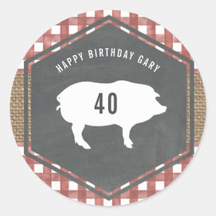 Pegatina Redonda Red Gingham Pig Burlap Birthday Bbq