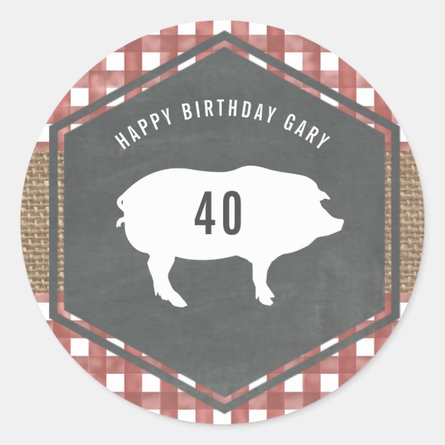 Pegatina Redonda Red Gingham Pig Burlap Birthday Bbq (Anverso)