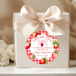Pegatina Redonda Red Gingham Strawberries Baby Shower Thank You