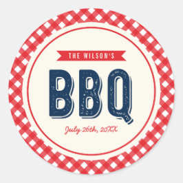 Pegatina Redonda Red Gingham y Blue BBQ Fiesta