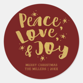 Pegatina Redonda Red Gold Peace Love and Joy Holiday Navidades
