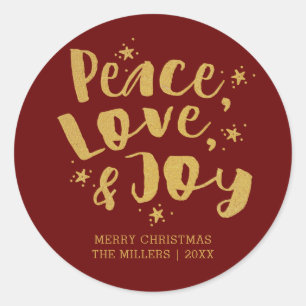 Pegatina Redonda Red Gold Peace Love and Joy Holiday Navidades
