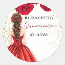 Pegatina Redonda Red & Gold Quinceañera Custom Round Sticker