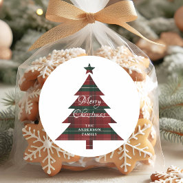 Pegatina Redonda Red Green Plaid Tree Personalized Merry Christmas 