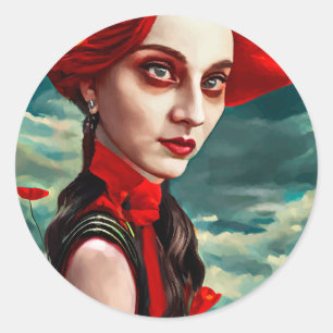 Pegatina Redonda Red Head Poppy Flower Lady arte de fantasía