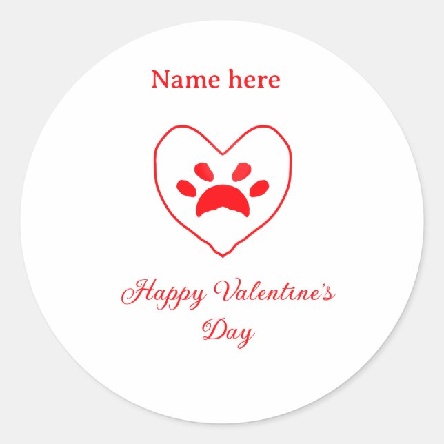 Pegatina Redonda Red heart dog cat paw happy Valentine's day name  (Anverso)