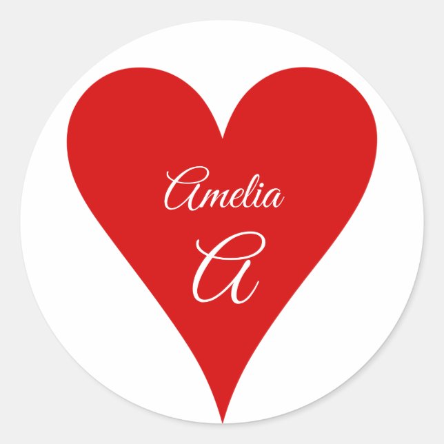 Pegatina Redonda Red Heart Love Valentine's Day Name & Monogram (Anverso)