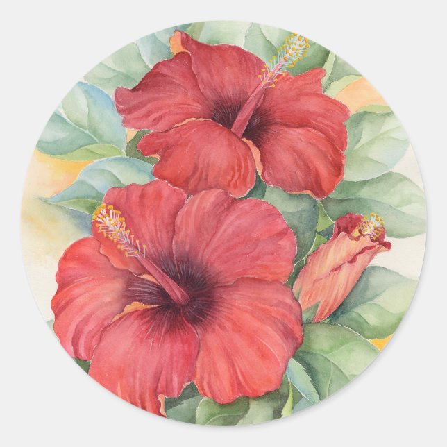 Pegatina Redonda Red Hibiscus Flower Round Pegatinas Watercolor Art (Anverso)