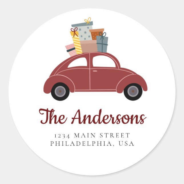 Pegatina Redonda Red Holiday Car con dirección de pila de regalos (Anverso)