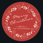 Pegatina Redonda Red Merry Christmas Floral Wreath Simple Personali<br><div class="desc">Este festivo pegatina de vacaciones en rojo presenta una sencilla corona plana con Feliz Navidad con letras de guión de moda. Personalízalo con tu saludo preferido y tu nombre!</div>