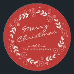Pegatina Redonda Red Merry Christmas Floral Wreath Simple Personali<br><div class="desc">Este festivo pegatina de vacaciones en rojo presenta una sencilla corona plana con Feliz Navidad con letras de guión de moda. Personalízalo con tu saludo preferido y tu nombre!</div>