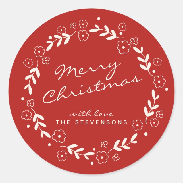 Pegatina Redonda Red Merry Christmas Floral Wreath Simple Personali (Anverso)