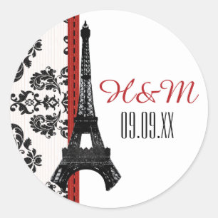 Pegatina Redonda RED Monogrammed Damask Eiffel Tower Boda