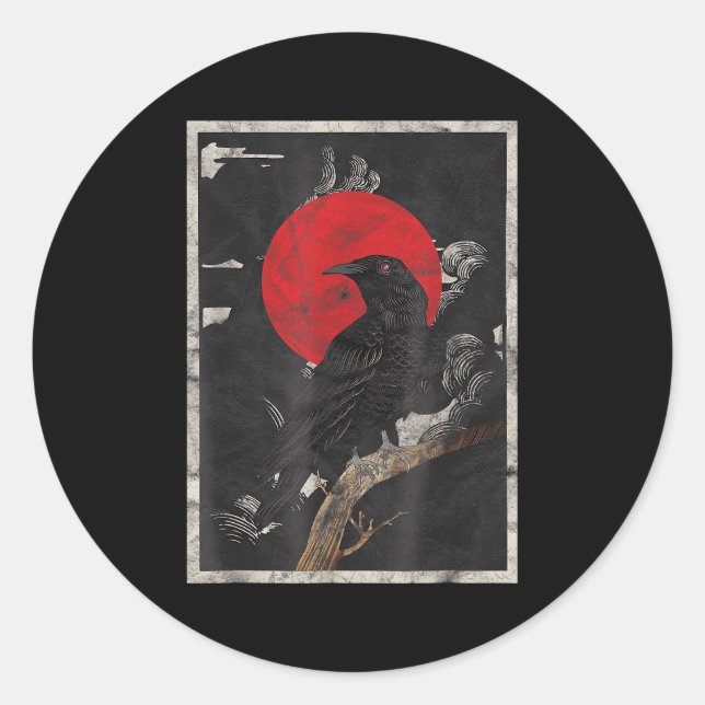 Pegatina Redonda Red Moon Raven Black Crow (Anverso)