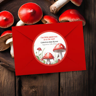 Pegatina Redonda Red Mushroom Fungi Woodland Baby Shower