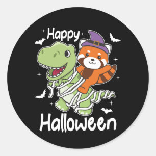 Pegatina Redonda Red Panda Happy Halloween T-rex Mummy Costume