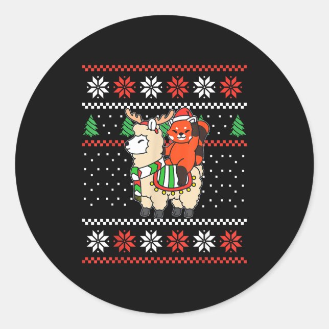Pegatina Redonda Red Panda Ugly Christmas Sweater Reindeer Llama Ri (Anverso)