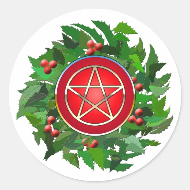 Pegatina Redonda Red Pentacle on Holly Wreath (Anverso)