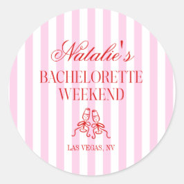 Pegatina Redonda Red Pink Stripes Bachelorette Weekend Party