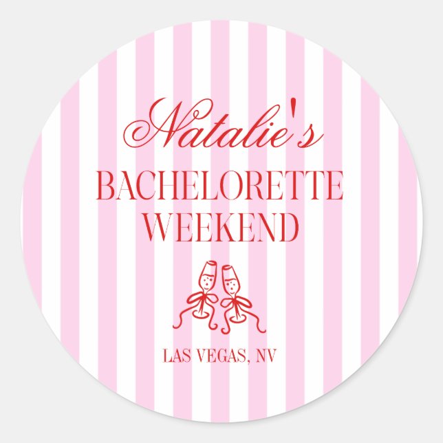 Pegatina Redonda Red Pink Stripes Bachelorette Weekend Party (Anverso)
