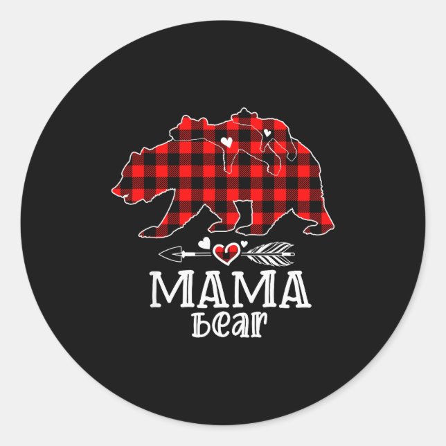Pegatina Redonda Red Plaid Buffalo Mama Bear Christmas Pajamas Fami (Anverso)