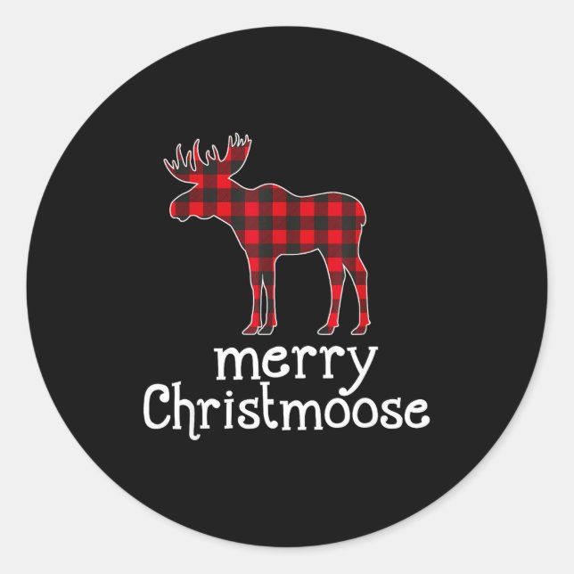 Pegatina Redonda Red Plaid Merry Christmoose Christmas Moose Lovers (Anverso)