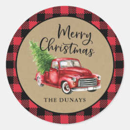 Pegatina Redonda Red Plaid Truck Christmas Sticker