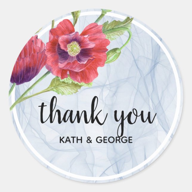 Pegatina Redonda Red Poppies Floral Transparent Organza Fabric (Anverso)