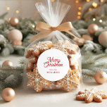 PEGATINA REDONDA RED RETRO MERRY CHRISTMAS TIPOGRAFÍA EN BLANCO<br><div class="desc">Feliz personalizable de Navidad tipografía retro roja sobre un fondo blanco personalizado.</div>